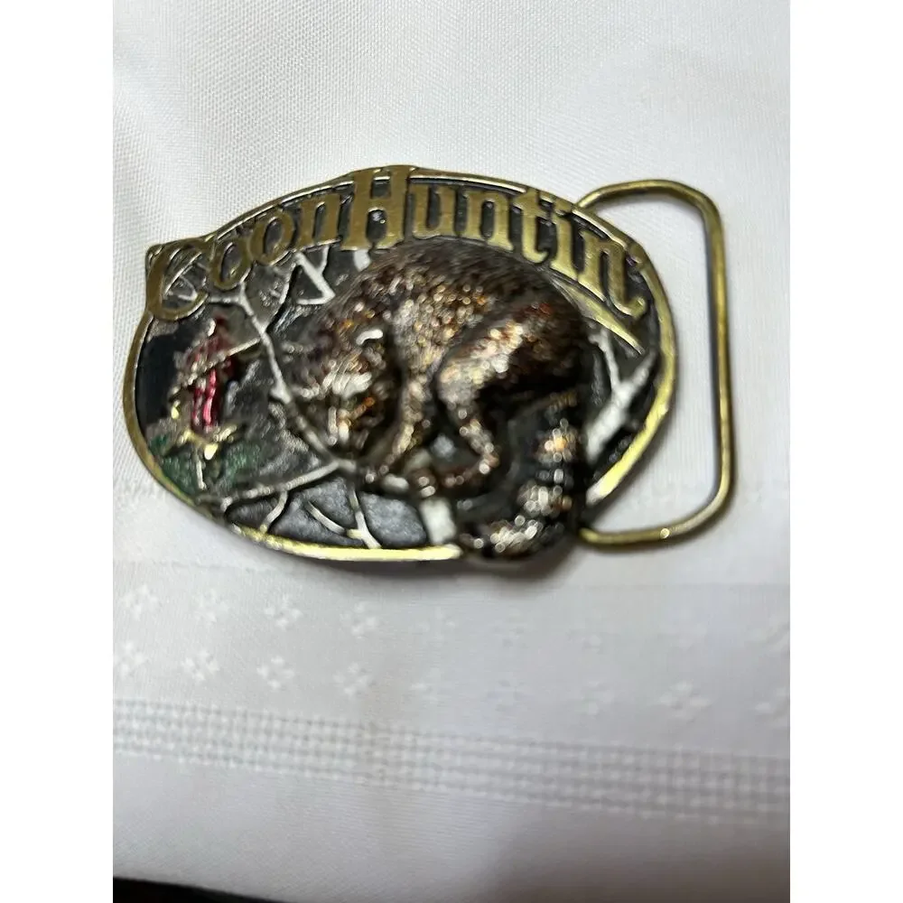 Vintage Coon Hunting Raccoon Belt Buckle Brass The Great American Buckle Co USA